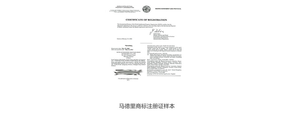 马德里国际商标注册证样本