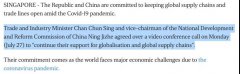 中国与新加坡肯定经贸关系，承诺在新冠疫情期间保证贸易畅通